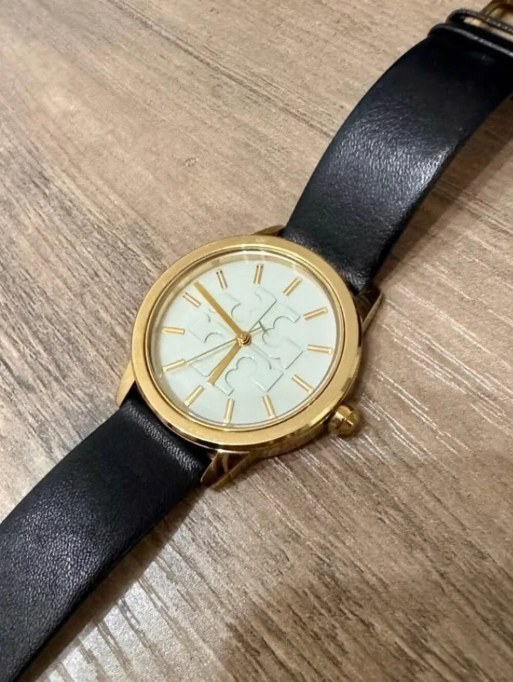 Tory Burch Men's Gold Case Watch with White Dial and Black Strap